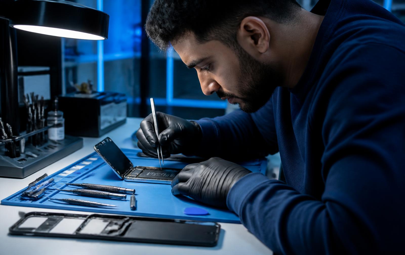 Technician performing a phone screen replacement at Talk 4 Less Wireless in Miami, FL
